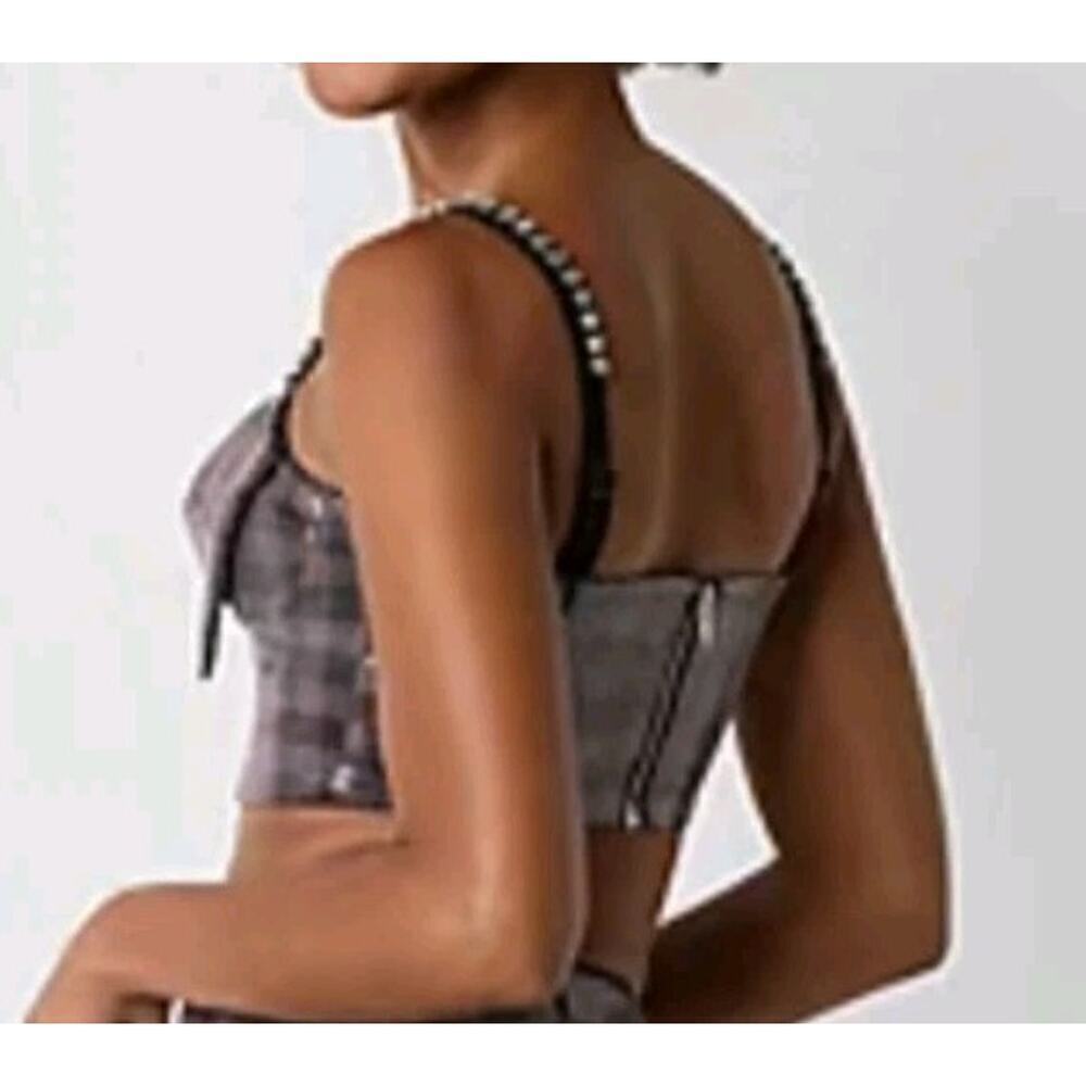 Johnny Wujek Sequin Crop Top Bow Front Zip Back Jrs Sz 11 Plaid Black Brown GLAM - Picture 2 of 15